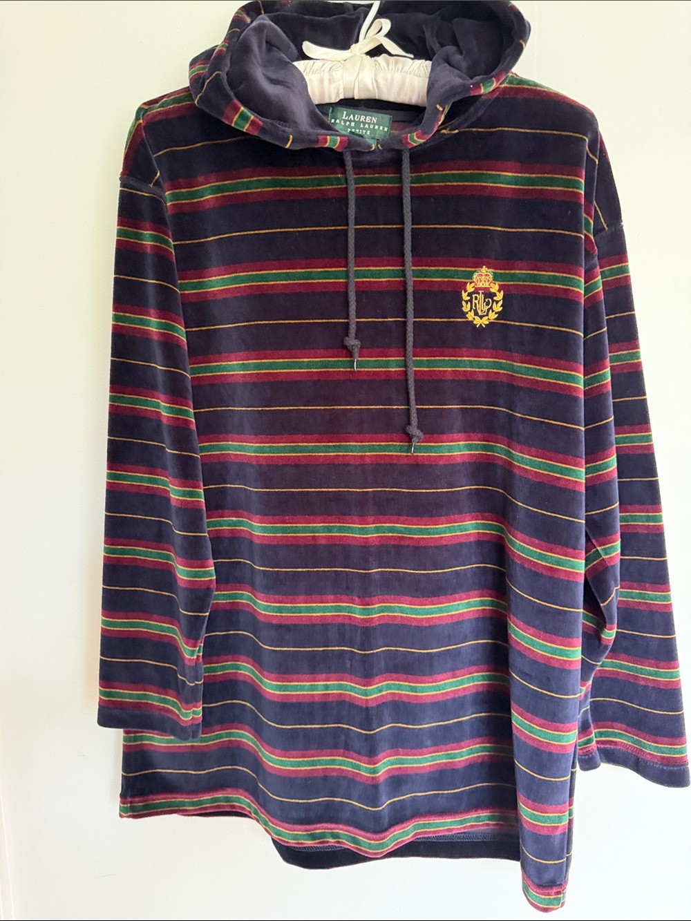Vintage Lauren Ralph Lauren Navy Velour Hoodie with Red & Green Stripes